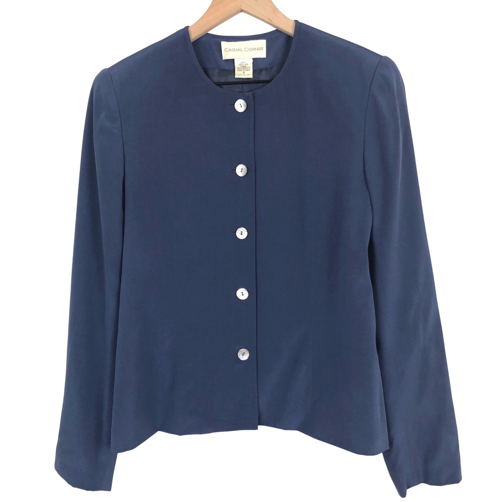 VTG 100% Silk Collarless Blazer Sz 6 Navy Blue Button Lined Quiet Luxury Minimal
